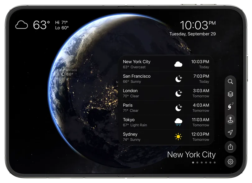 The time and weather in six cities beside the globe, on iPhone Duo