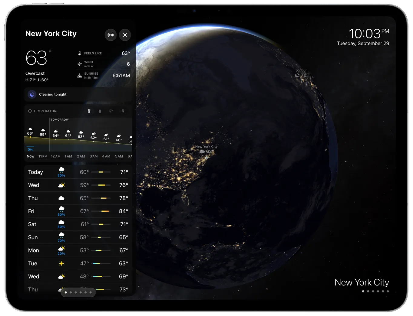 The forecast for New York beside the globe on iPad