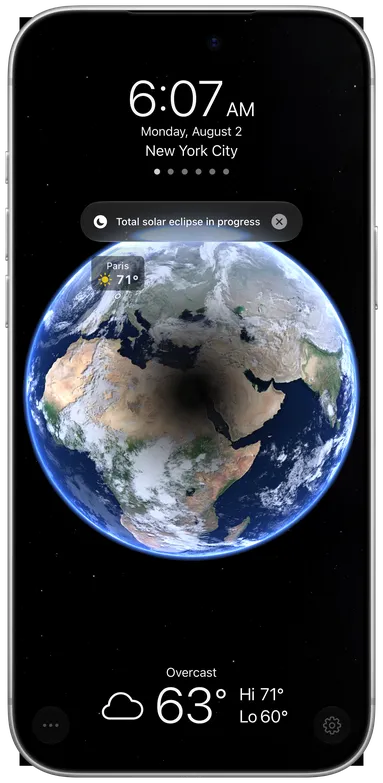 A total solar eclipse in progress, the Moon's shadow over Arabia, on iPhone